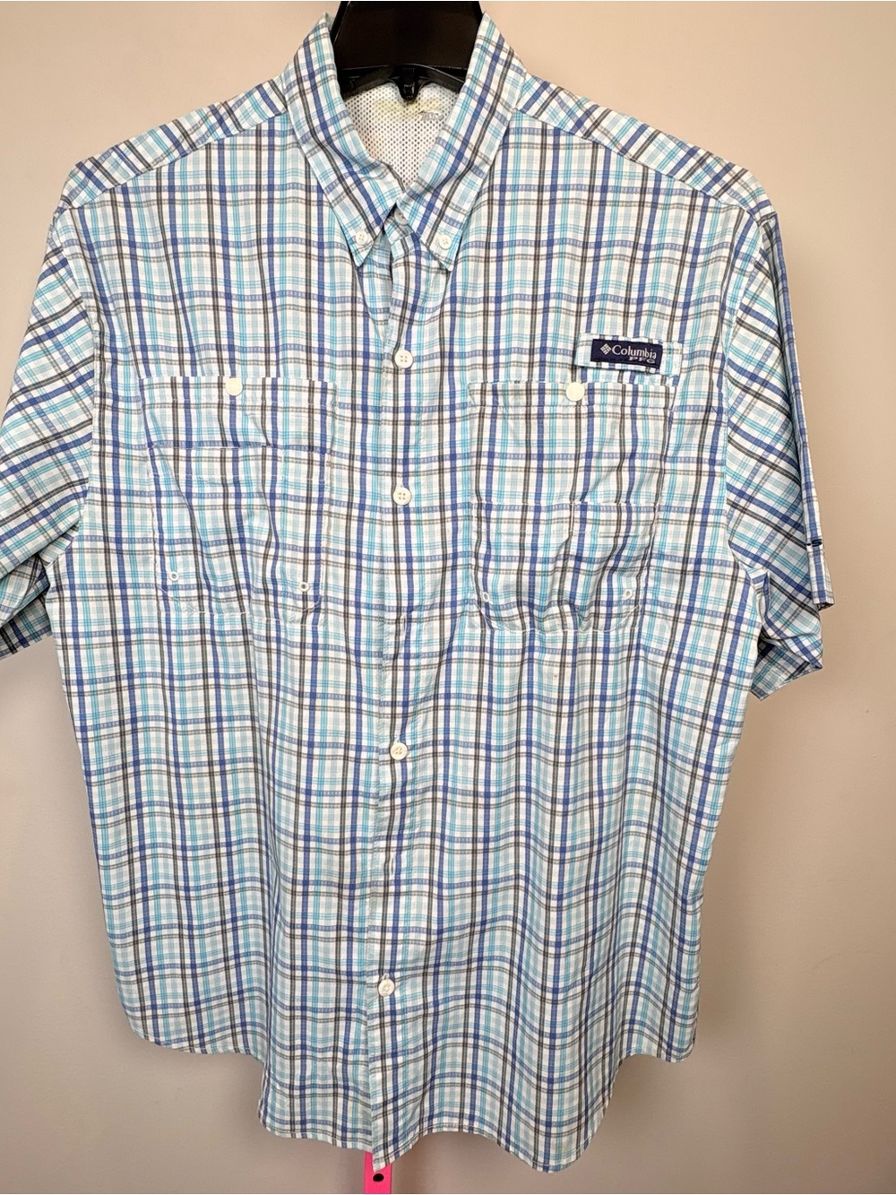 Columbia Short-Sleeve Plaid Button-Down Shirt - Light Blue, White, Navy